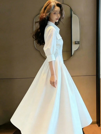 Women's Long Summer Dress, White, Dress, Waist Cinched, Pleated Shirt Style Dress, Button Front, Casual Everyday Fashion Elegant