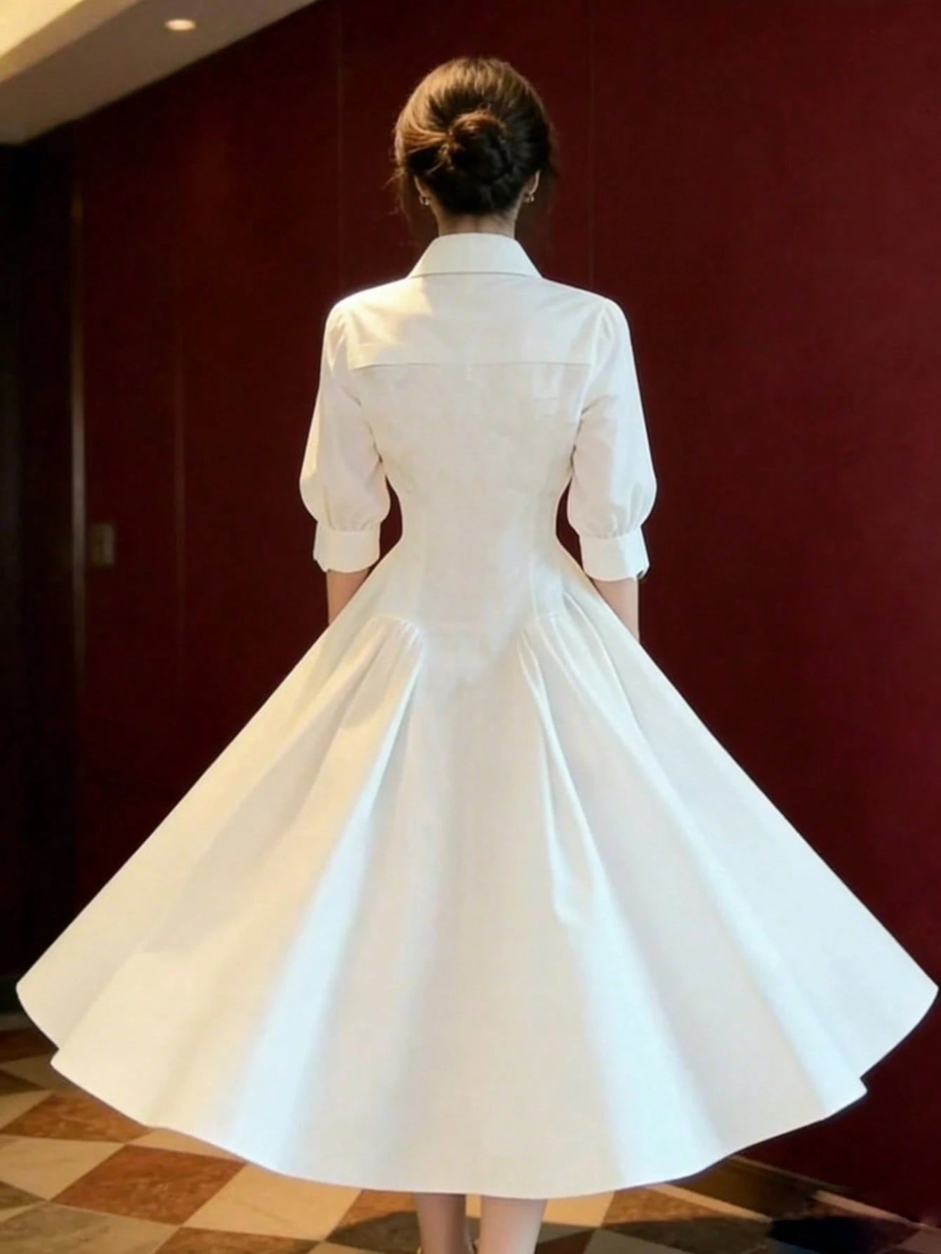Women's Long Summer Dress, White, Dress, Waist Cinched, Pleated Shirt Style Dress, Button Front, Casual Everyday Fashion Elegant