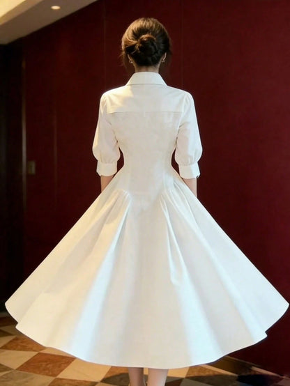 Women's Long Summer Dress, White, Dress, Waist Cinched, Pleated Shirt Style Dress, Button Front, Casual Everyday Fashion Elegant