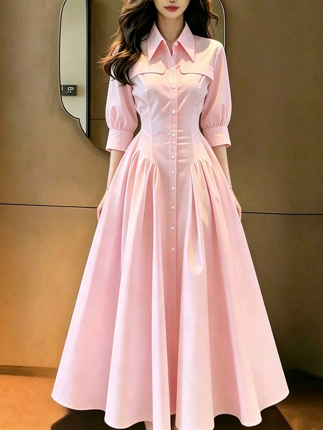 Women's Long Summer Dress, White, Dress, Waist Cinched, Pleated Shirt Style Dress, Button Front, Casual Everyday Fashion Elegant