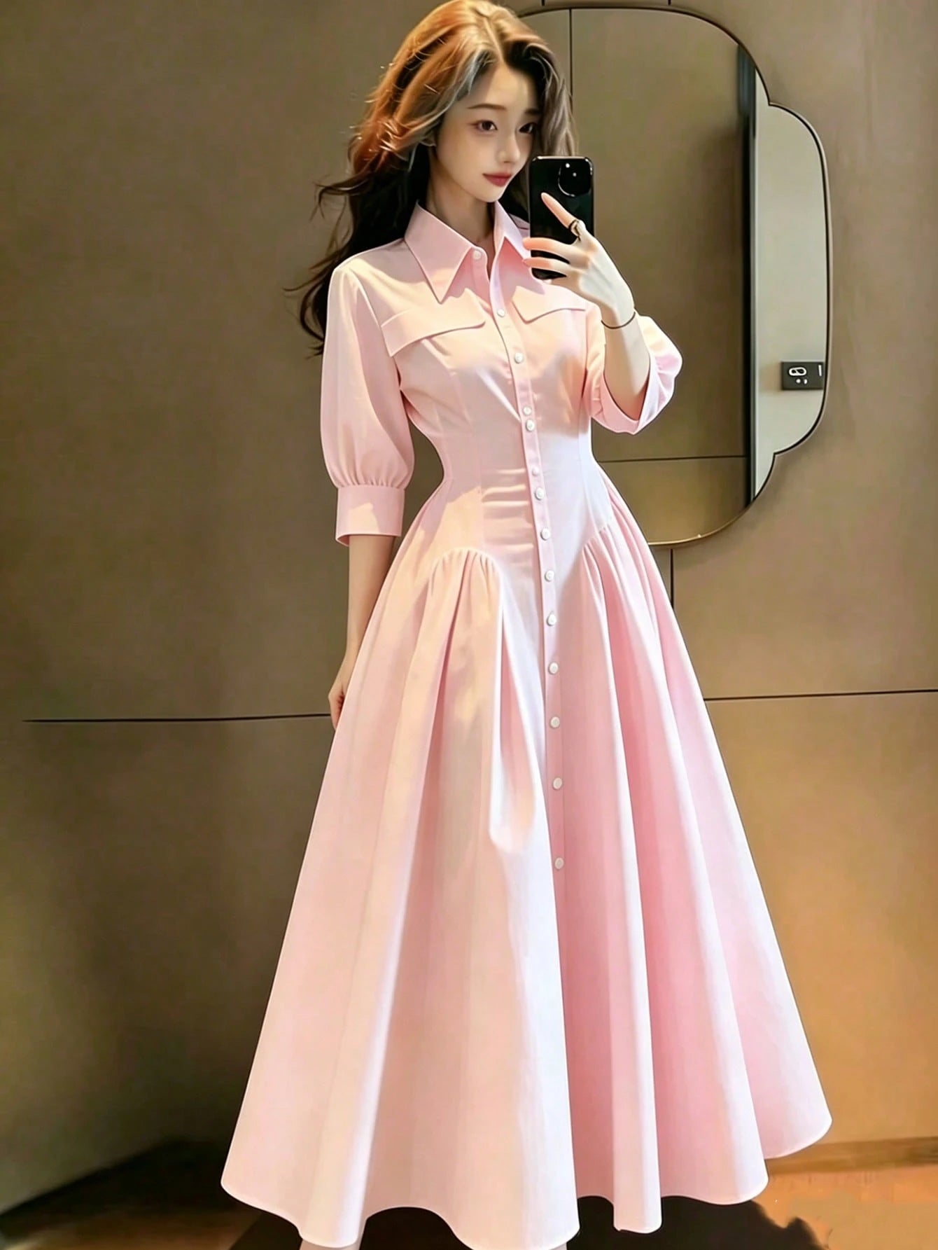 Women's Long Summer Dress, White, Dress, Waist Cinched, Pleated Shirt Style Dress, Button Front, Casual Everyday Fashion Elegant