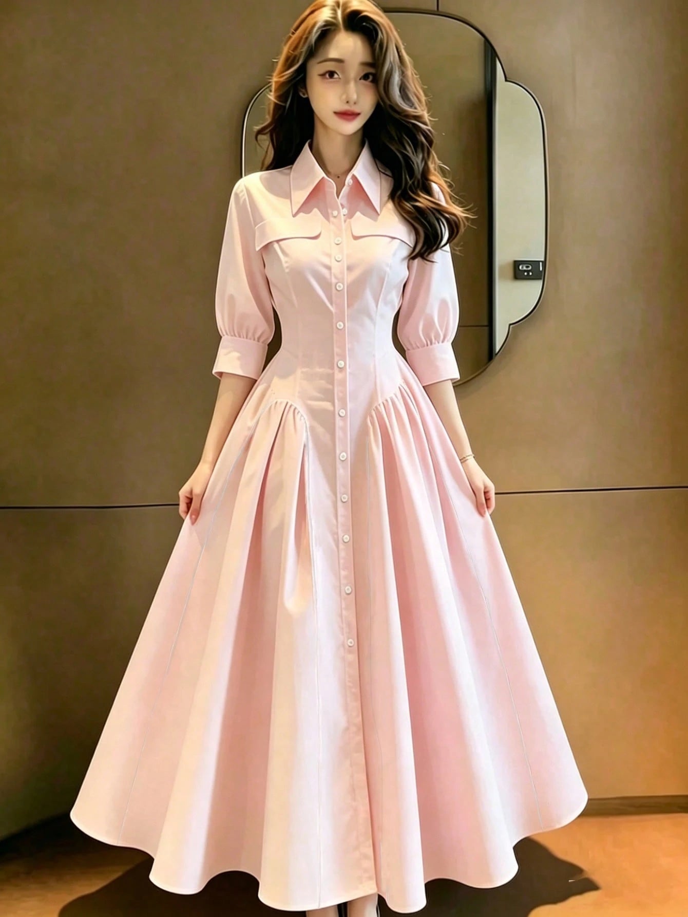 Women's Long Summer Dress, White, Dress, Waist Cinched, Pleated Shirt Style Dress, Button Front, Casual Everyday Fashion Elegant
