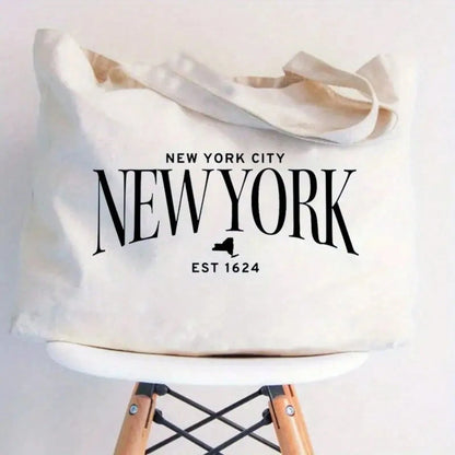 Women's New York City Tote Bag- NYC Skyline & State Outline Design With Large "NEW YORK" Lettering, Durable Polyester Canvas Travel Bag Suitable For Travel, Shopping, &- Iconic Landmark Bag For NYC
