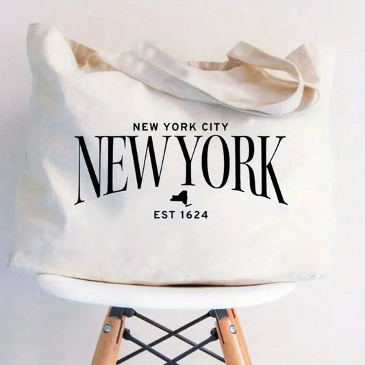Women's New York City Tote Bag- NYC Skyline & State Outline Design With Large "NEW YORK" Lettering, Durable Polyester Canvas Travel Bag Suitable For Travel, Shopping, &- Iconic Landmark Bag For NYC