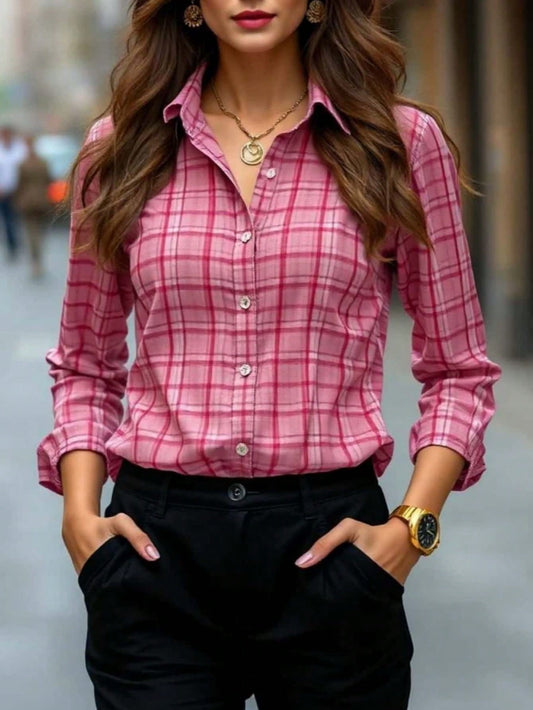 Women's Plaid Front-Button Long-Sleeve Classic Shirt Collar With Regular Hem, Suitable For Everyday Wear, Autumn Women's Shirt Pink