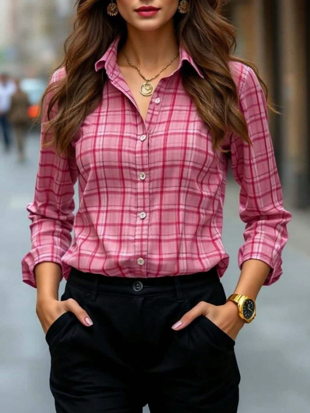 Women's Plaid Front-Button Long-Sleeve Classic Shirt Collar With Regular Hem, Suitable For Everyday Wear, Autumn Women's Shirt Pink