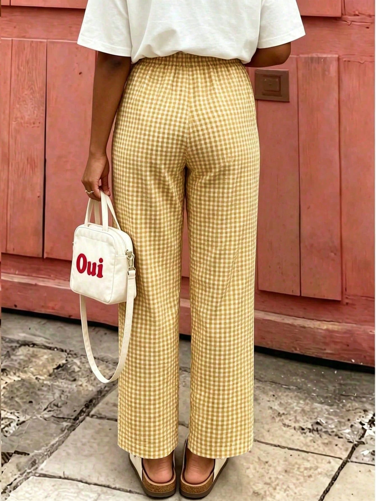 Women's Plaid Wide Leg Pants, Bow Decor At Waist, Summer Bohemian Style Long Pants Yellow