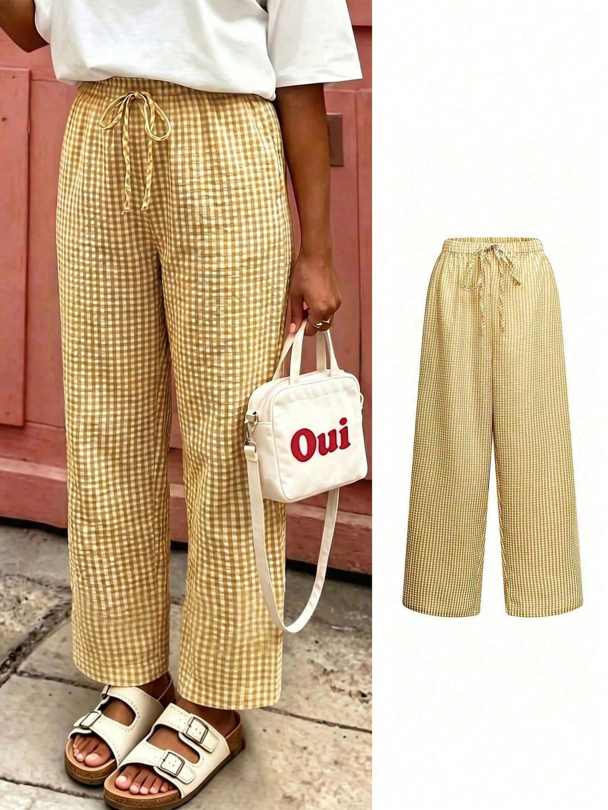 Women's Plaid Wide Leg Pants, Bow Decor At Waist, Summer Bohemian Style Long Pants Yellow