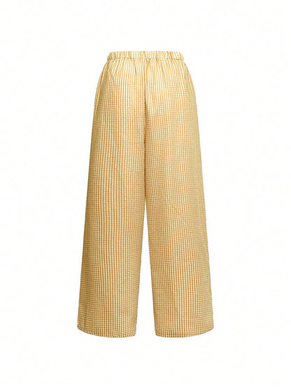 Women's Plaid Wide Leg Pants, Bow Decor At Waist, Summer Bohemian Style Long Pants Yellow