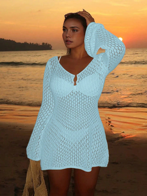Women's Plus Size Long Sleeve Hollow Crochet Cover-Up, Elegant Bohemian Beach Vacation Style, Pearl Button Sexy V-Neck White Mini Dress, Summer Holiday
