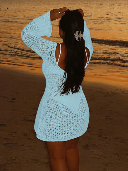Women's Plus Size Long Sleeve Hollow Crochet Cover-Up, Elegant Bohemian Beach Vacation Style, Pearl Button Sexy V-Neck White Mini Dress, Summer Holiday