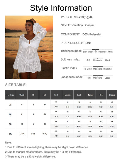 Women's Plus Size Long Sleeve Hollow Crochet Cover-Up, Elegant Bohemian Beach Vacation Style, Pearl Button Sexy V-Neck White Mini Dress, Summer Holiday