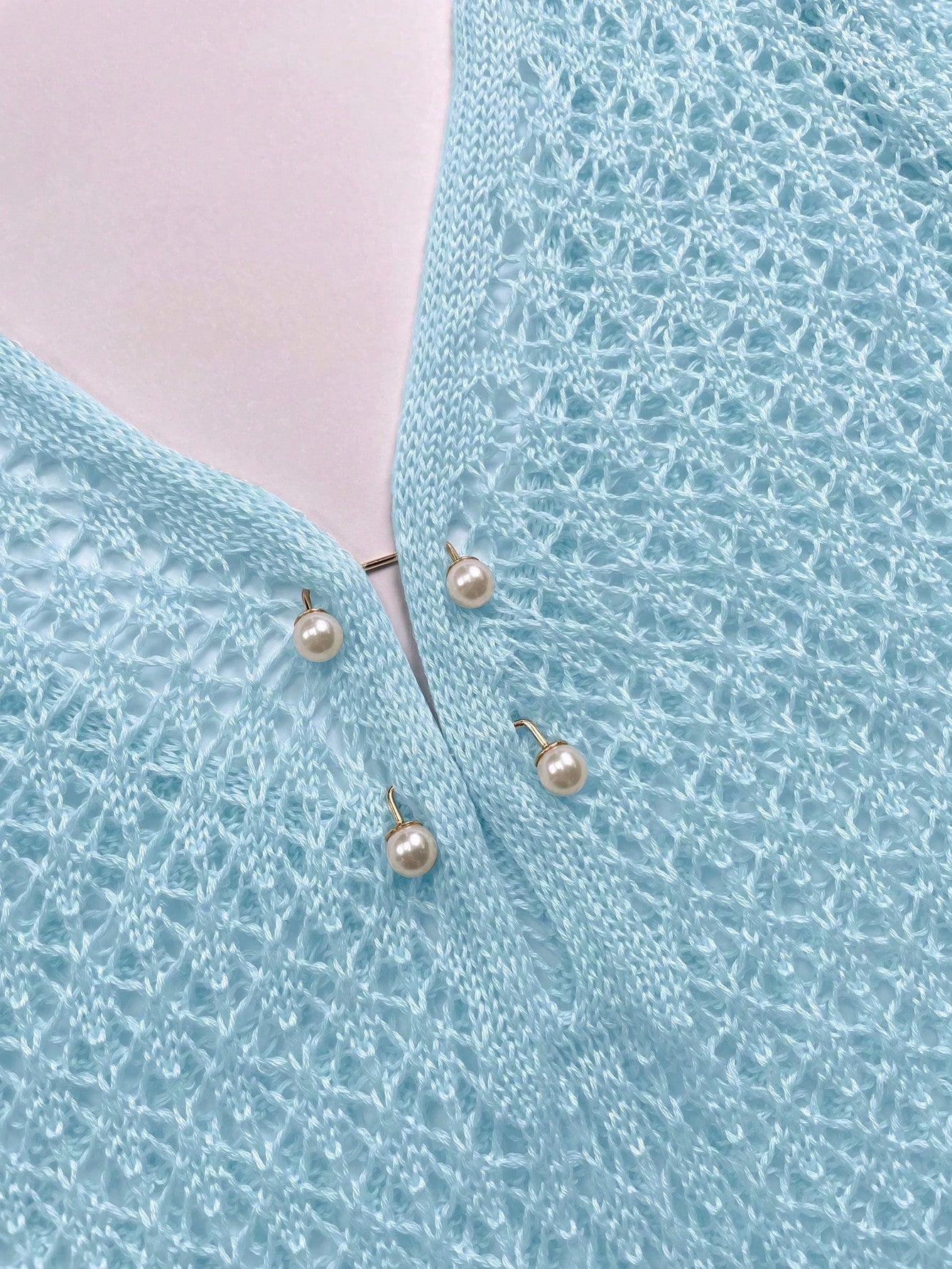 Women's Plus Size Long Sleeve Hollow Crochet Cover-Up, Elegant Bohemian Beach Vacation Style, Pearl Button Sexy V-Neck White Mini Dress, Summer Holiday