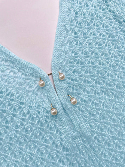 Women's Plus Size Long Sleeve Hollow Crochet Cover-Up, Elegant Bohemian Beach Vacation Style, Pearl Button Sexy V-Neck White Mini Dress, Summer Holiday