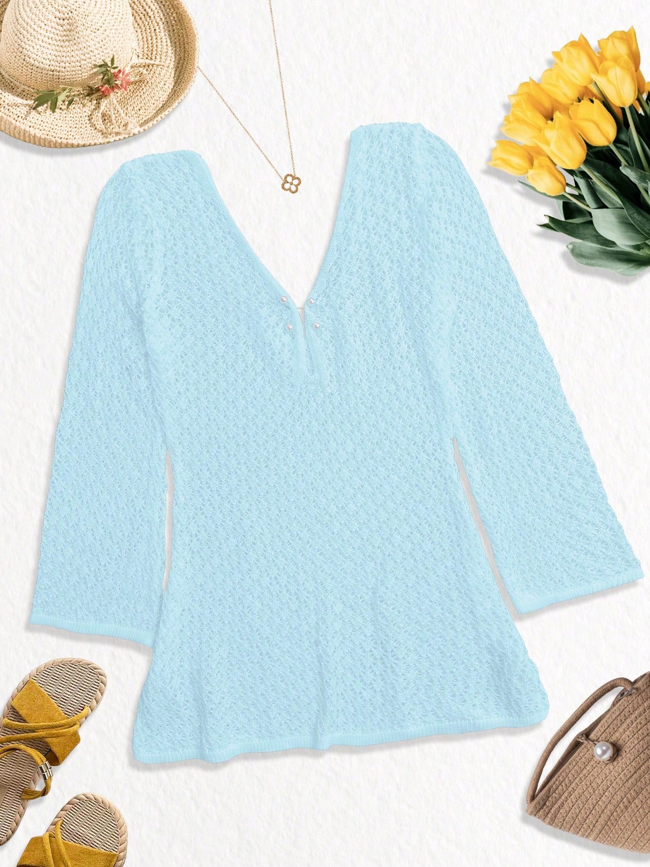 Women's Plus Size Long Sleeve Hollow Crochet Cover-Up, Elegant Bohemian Beach Vacation Style, Pearl Button Sexy V-Neck White Mini Dress, Summer Holiday