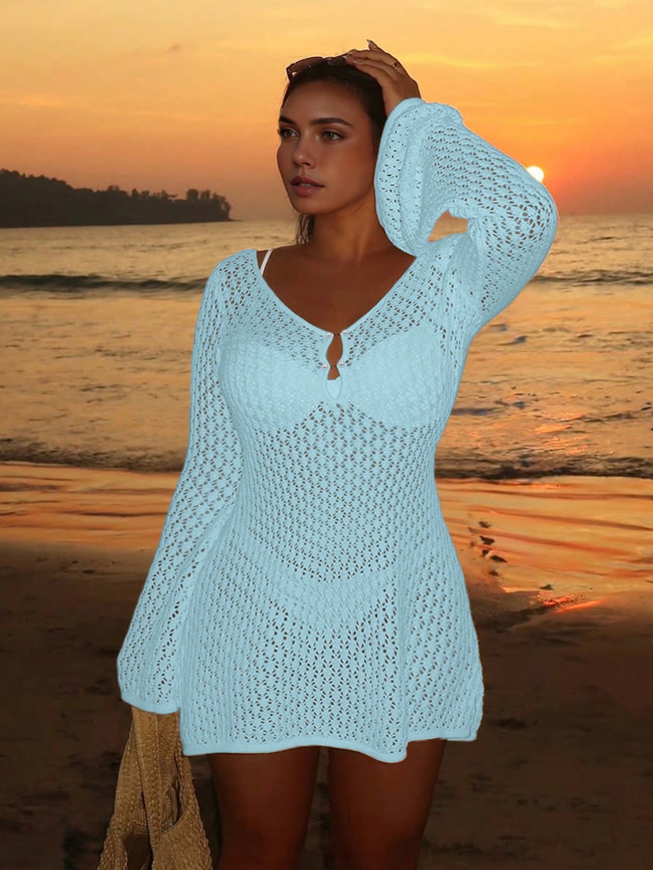 Women's Plus Size Long Sleeve Hollow Crochet Cover-Up, Elegant Bohemian Beach Vacation Style, Pearl Button Sexy V-Neck White Mini Dress, Summer Holiday