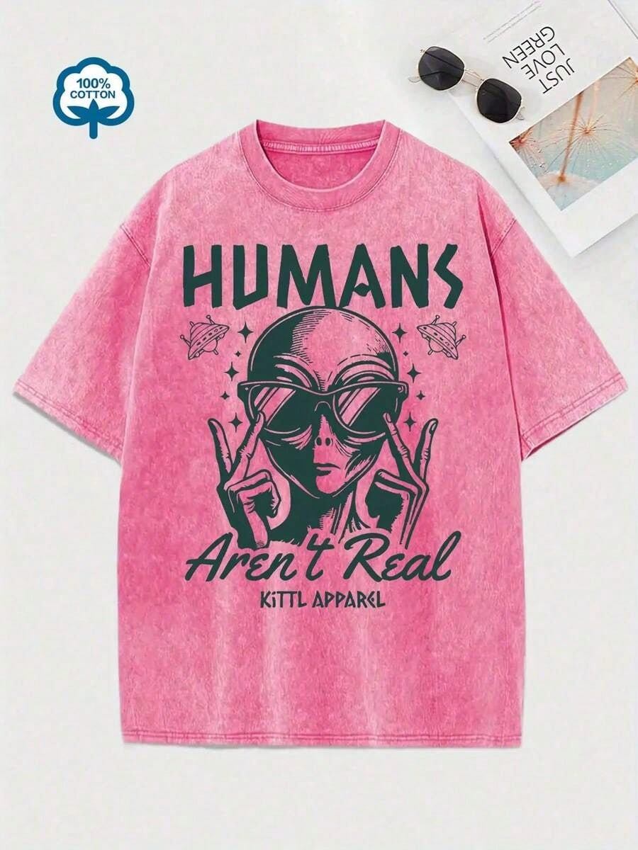 Women's Retro Tyle Alien Glasses Pattern T-Hirt- "Humans Are Not Real" Fun Astronaut Design, Hort Leeve, Ummer Casual Top, Green Distressed Finish