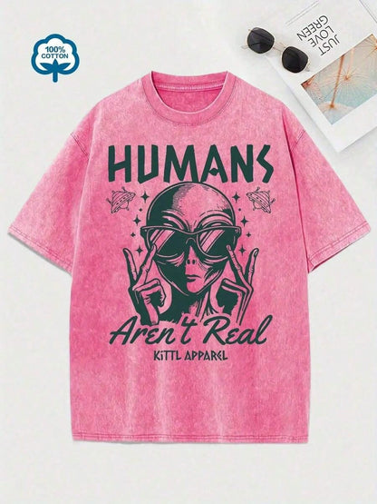 Women's Retro Tyle Alien Glasses Pattern T-Hirt- "Humans Are Not Real" Fun Astronaut Design, Hort Leeve, Ummer Casual Top, Green Distressed Finish