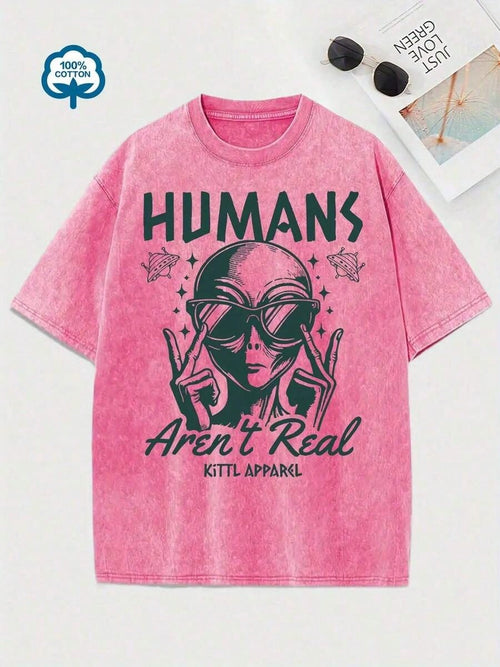 Women's Retro Tyle Alien Glasses Pattern T-Hirt- "Humans Are Not Real" Fun Astronaut Design, Hort Leeve, Ummer Casual Top, Green Distressed Finish