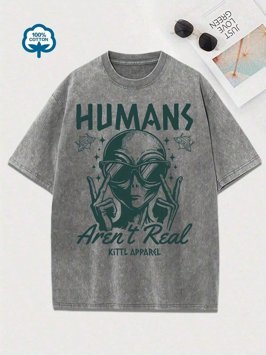 Women's Retro Tyle Alien Glasses Pattern T-Hirt- "Humans Are Not Real" Fun Astronaut Design, Hort Leeve, Ummer Casual Top, Green Distressed Finish