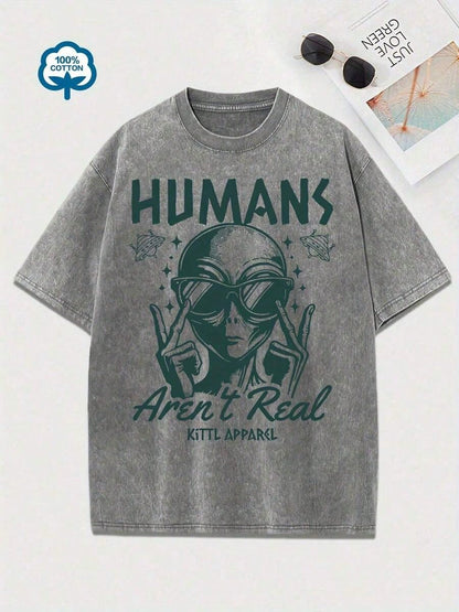 Women's Retro Tyle Alien Glasses Pattern T-Hirt- "Humans Are Not Real" Fun Astronaut Design, Hort Leeve, Ummer Casual Top, Green Distressed Finish