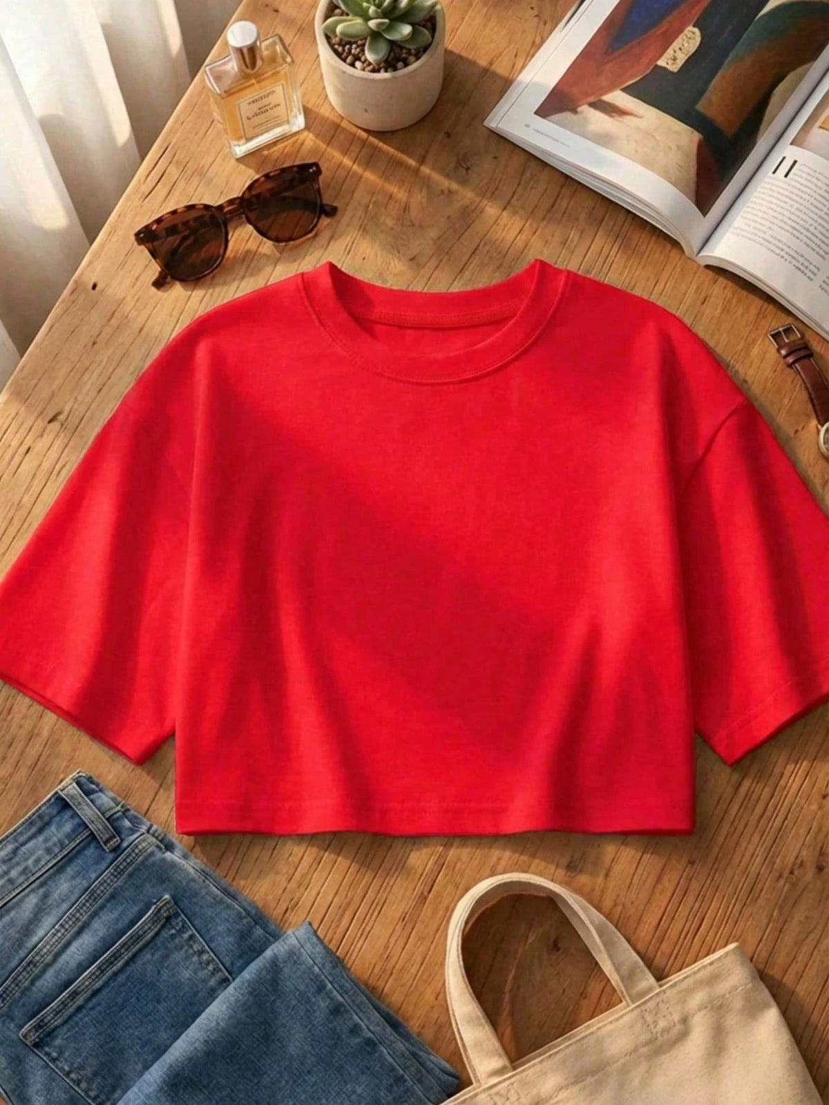 Women's Round Neck Short Sleeve Loose Casual Top, Minimalist Elegant Sexy Street Y2K Style Red Summer