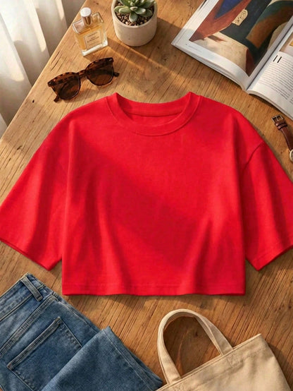 Women's Round Neck Short Sleeve Loose Casual Top, Minimalist Elegant Sexy Street Y2K Style Red Summer