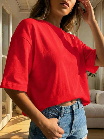 Women's Round Neck Short Sleeve Loose Casual Top, Minimalist Elegant Sexy Street Y2K Style Red Summer