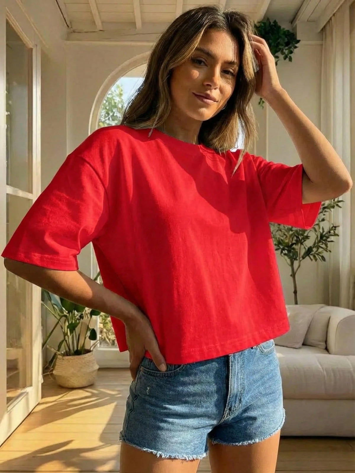 Women's Round Neck Short Sleeve Loose Casual Top, Minimalist Elegant Sexy Street Y2K Style Red Summer