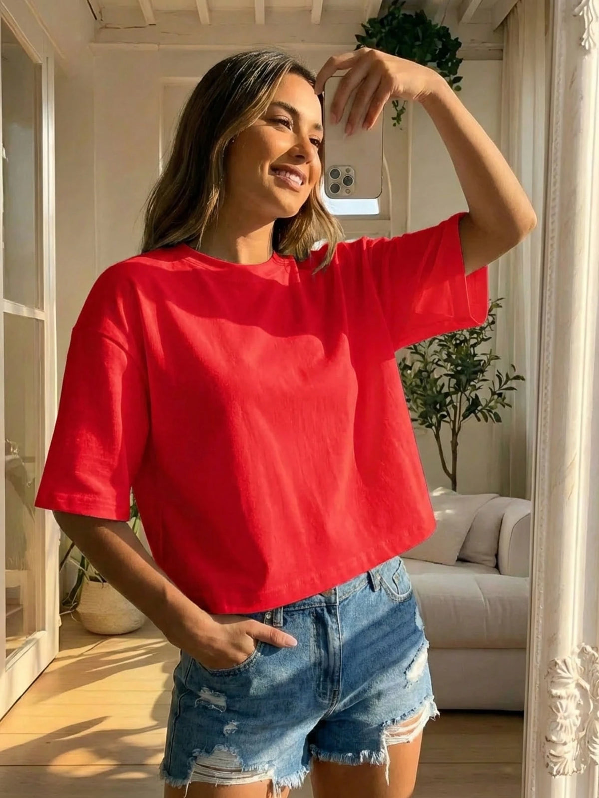 Women's Round Neck Short Sleeve Loose Casual Top, Minimalist Elegant Sexy Street Y2K Style Red Summer
