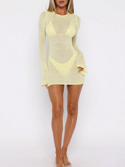 Women's Sheer Knit Mini Dress, Open Back Tie Flare Sleeve Cover Up, Y2K Beach Summer Vacation Bodycon Dress