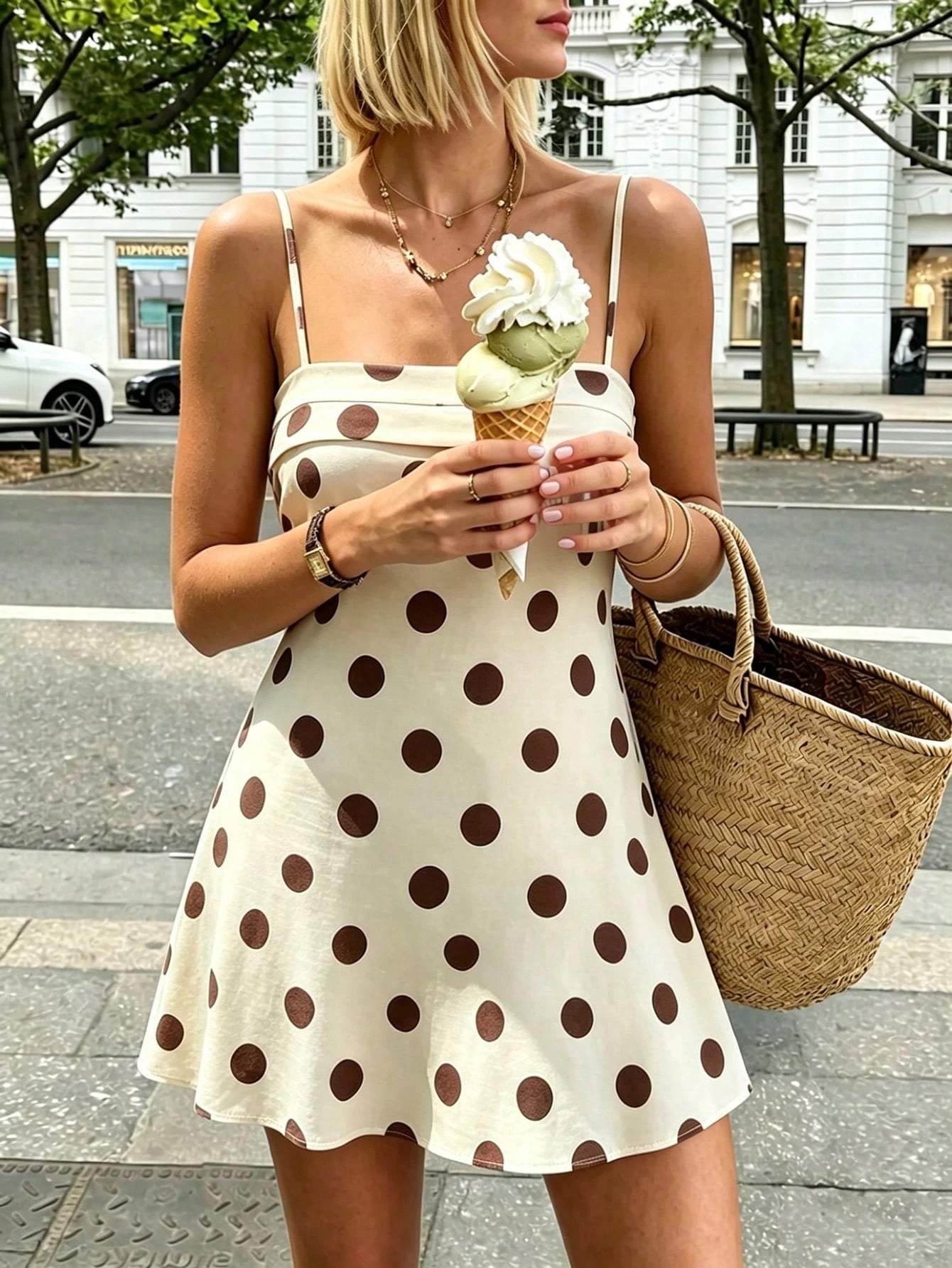 Women's Short Dress Polka Dot Double Layer Collar Design Waist Cinched A-Line Vacation Outfit Summer Elegant Yellow