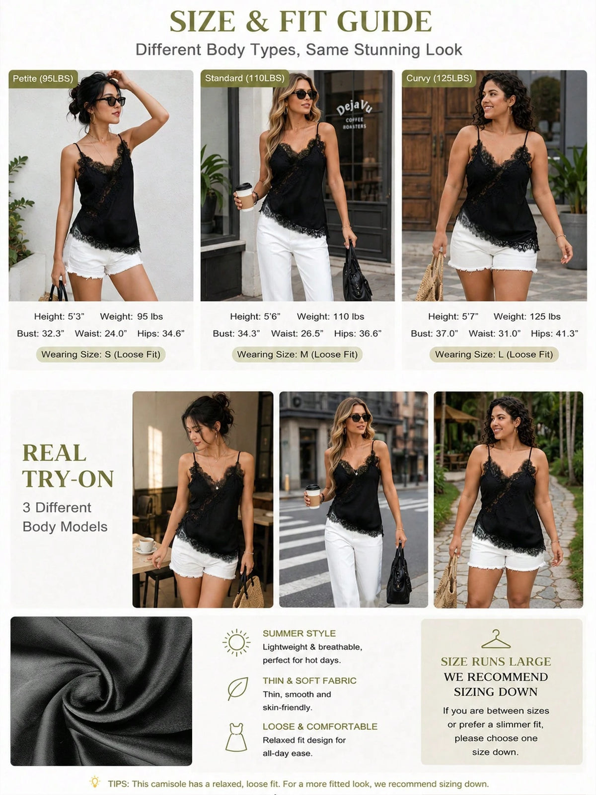 Women's Soft Satin V-Neck Asymmetrical Lace Trim Hem Fitted Camisole Top, Semi-Sheer Eyelash Lace Design Summer Casual Vacation