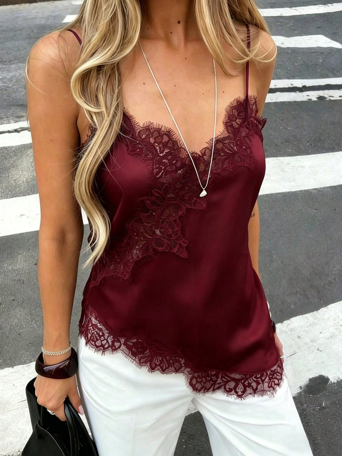 Women's Soft Satin V-Neck Asymmetrical Lace Trim Hem Fitted Camisole Top, Semi-Sheer Eyelash Lace Design Summer Casual Vacation