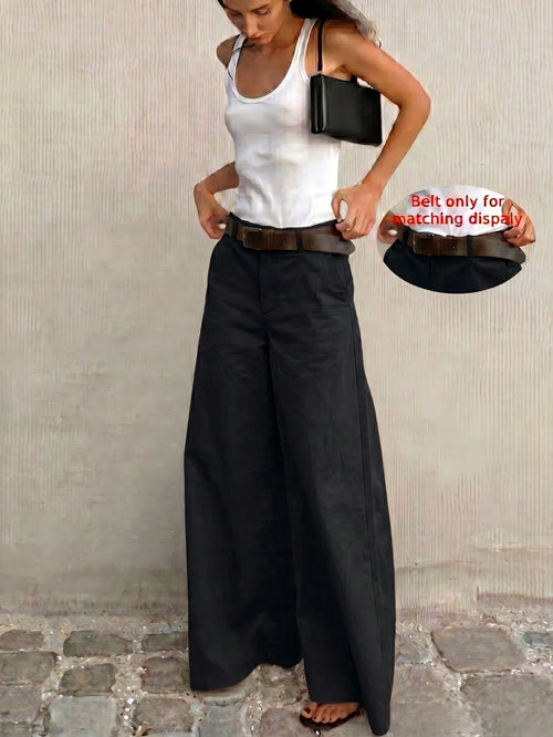 Women's Solid Color All-Season Wide Leg Casual Pants With Pockets, Summer Long Pants For Back To School And Party Black