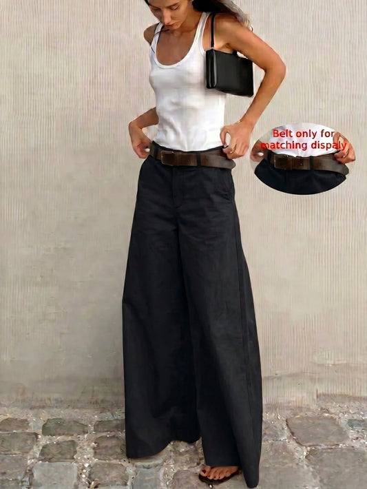 Women's Solid Color All-Season Wide Leg Casual Pants With Pockets, Summer Long Pants For Back To School And Party Black