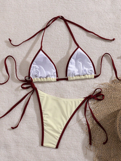 Women's Solid Color Contrast Bikini Set Set, Halter Tie Back Swimwear, High Elasticity Fabric, Beach Holiday Two Pieces Bikini Set Vacation Summer