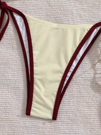 Women's Solid Color Contrast Bikini Set Set, Halter Tie Back Swimwear, High Elasticity Fabric, Beach Holiday Two Pieces Bikini Set Vacation Summer