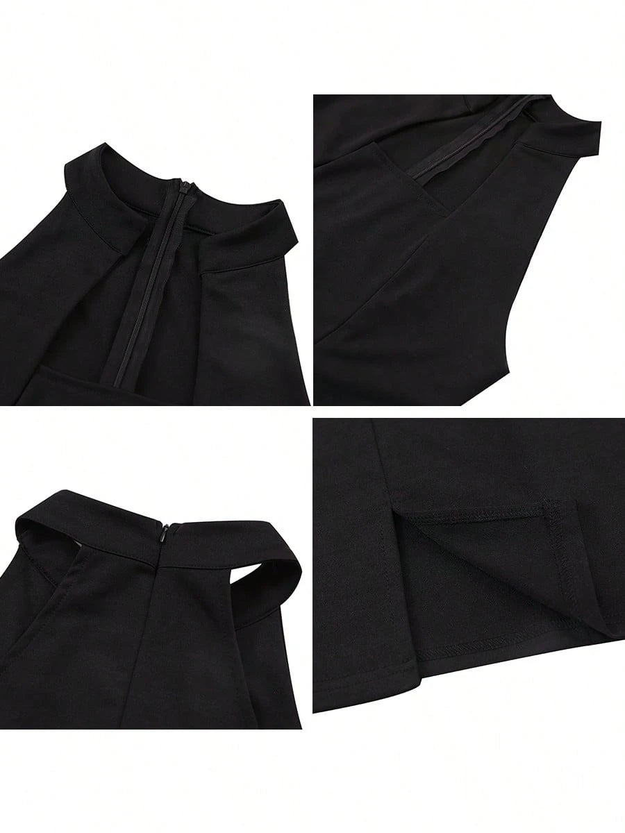 Women's Solid Color Elegant Party Zipper Backless Dress, Suitable For Dates And Parties, Spring/Summer Black