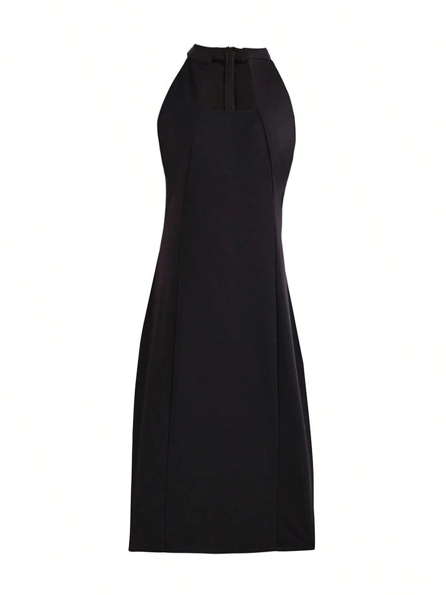 Women's Solid Color Elegant Party Zipper Backless Dress, Suitable For Dates And Parties, Spring/Summer Black