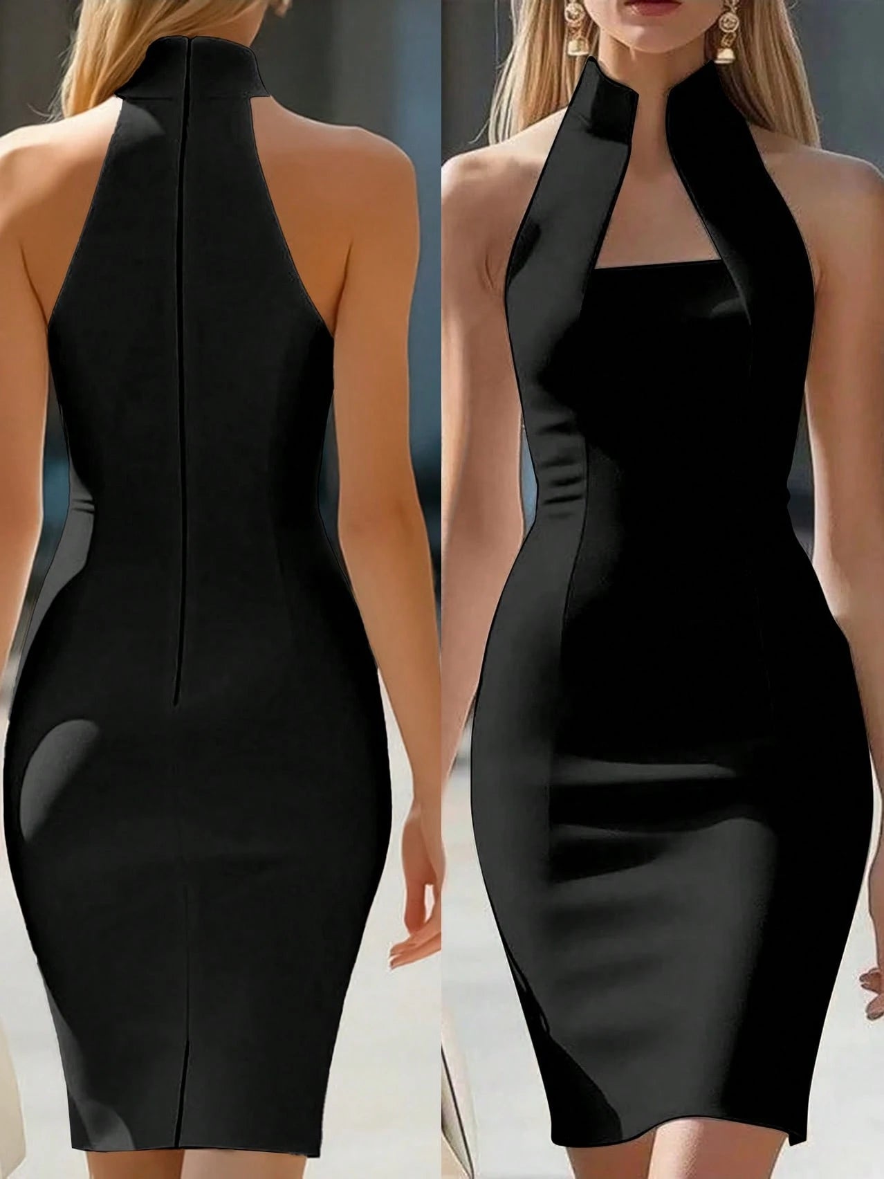 Women's Solid Color Elegant Party Zipper Backless Dress, Suitable For Dates And Parties, Spring/Summer Black