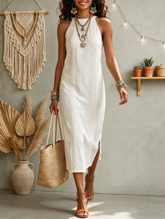 Women's Solid Color Fashion Halter Neck Sleeveless Elegant Casual Dress,White Dress,Casual Dresses For Women,Linen Dress,Summer Dress