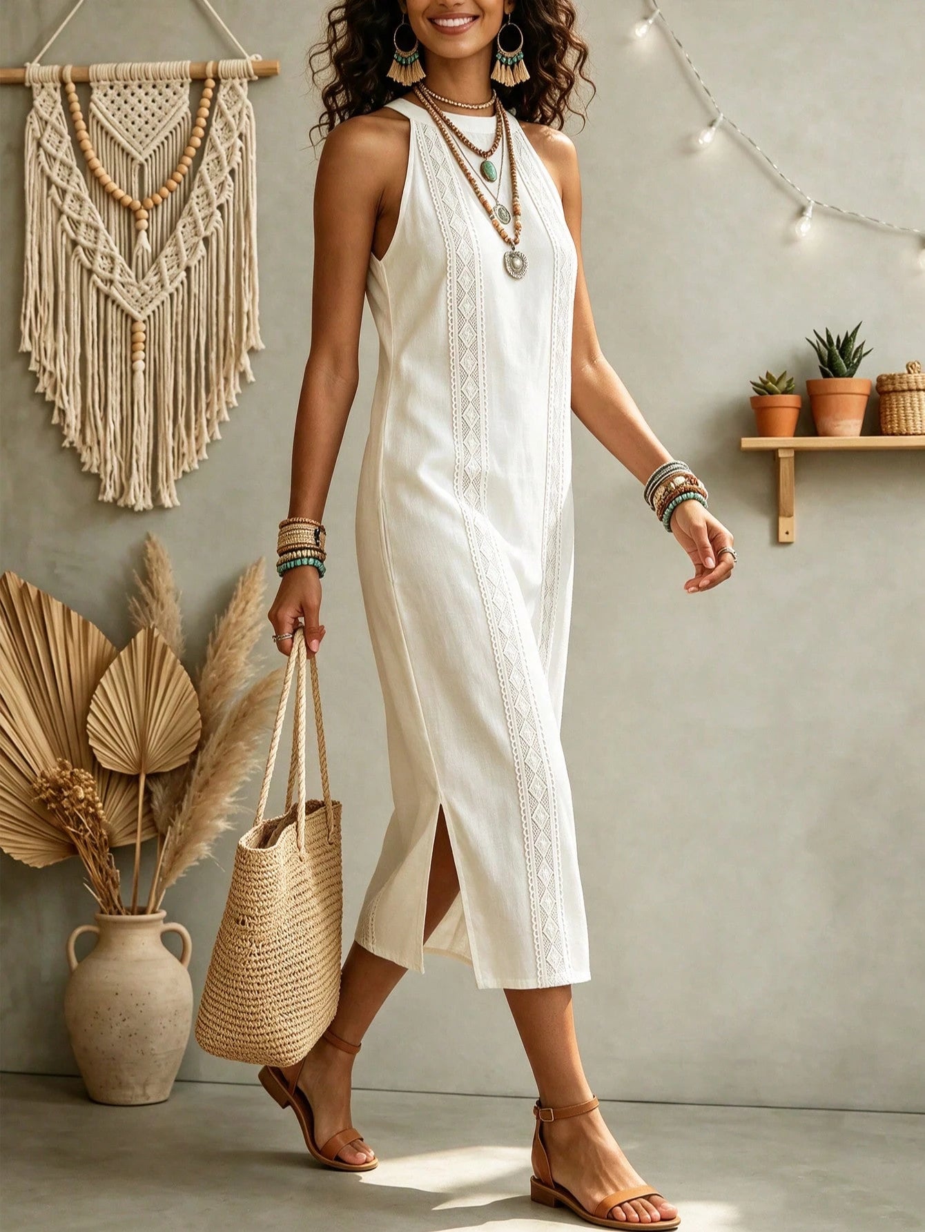 Women's Solid Color Fashion Halter Neck Sleeveless Elegant Casual Dress,White Dress,Casual Dresses For Women,Linen Dress,Summer Dress