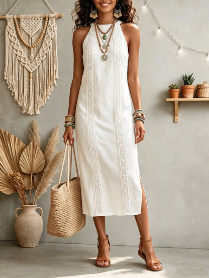 Women's Solid Color Fashion Halter Neck Sleeveless Elegant Casual Dress,White Dress,Casual Dresses For Women,Linen Dress,Summer Dress