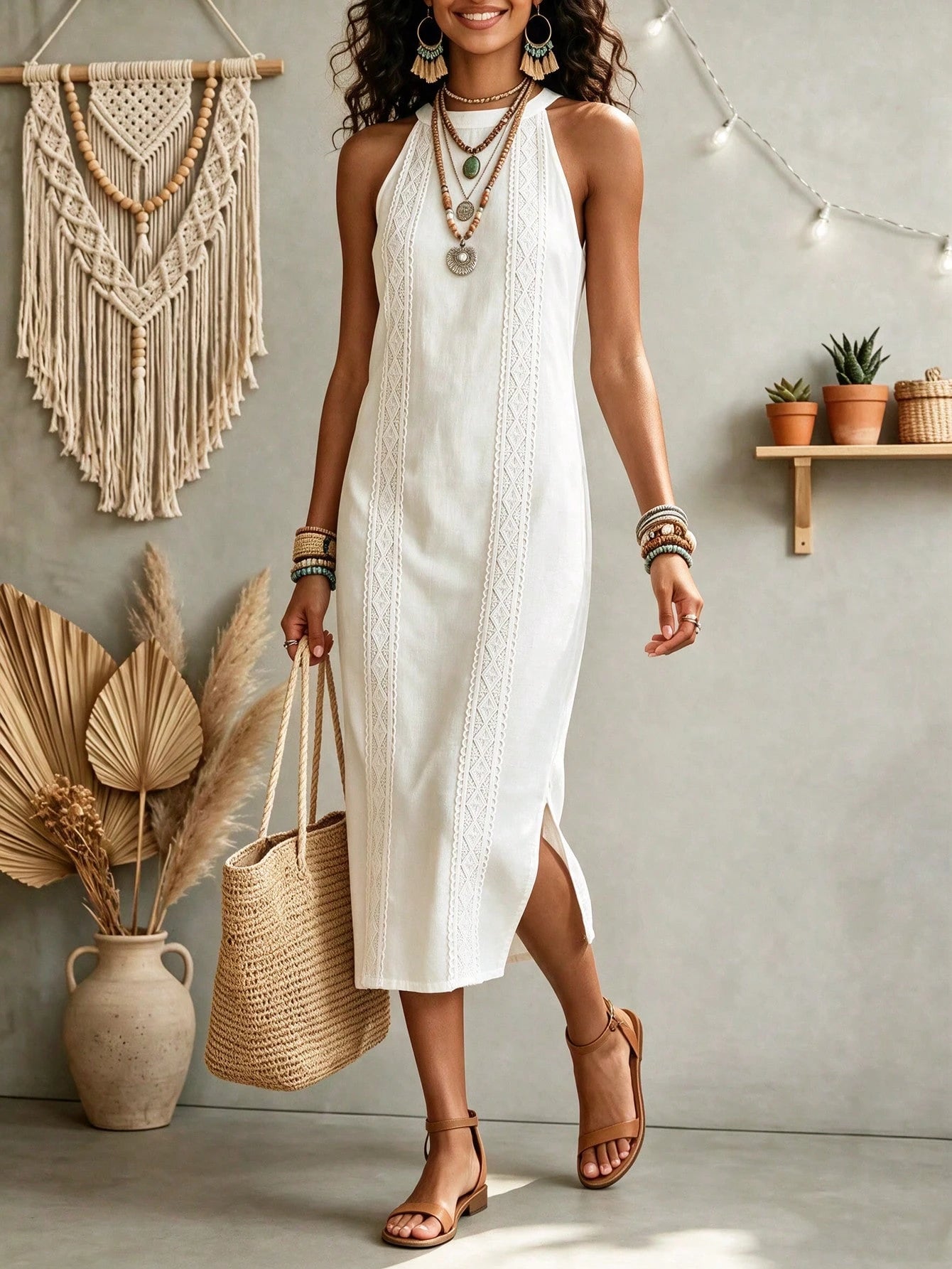 Women's Solid Color Fashion Halter Neck Sleeveless Elegant Casual Dress,White Dress,Casual Dresses For Women,Linen Dress,Summer Dress