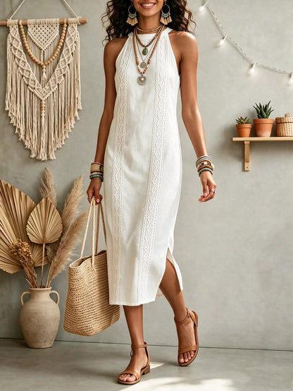 Women's Solid Color Fashion Halter Neck Sleeveless Elegant Casual Dress,White Dress,Casual Dresses For Women,Linen Dress,Summer Dress