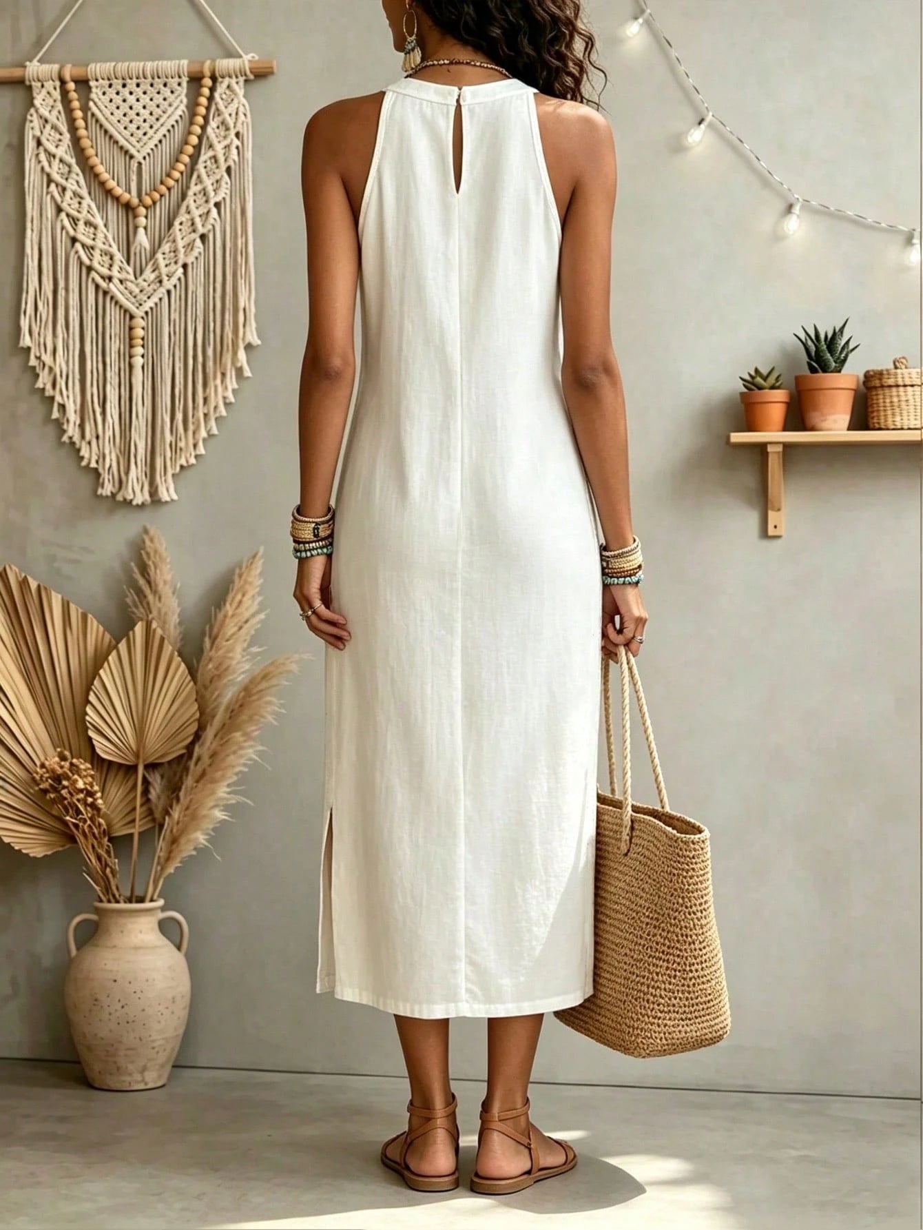 Women's Solid Color Fashion Halter Neck Sleeveless Elegant Casual Dress,White Dress,Casual Dresses For Women,Linen Dress,Summer Dress