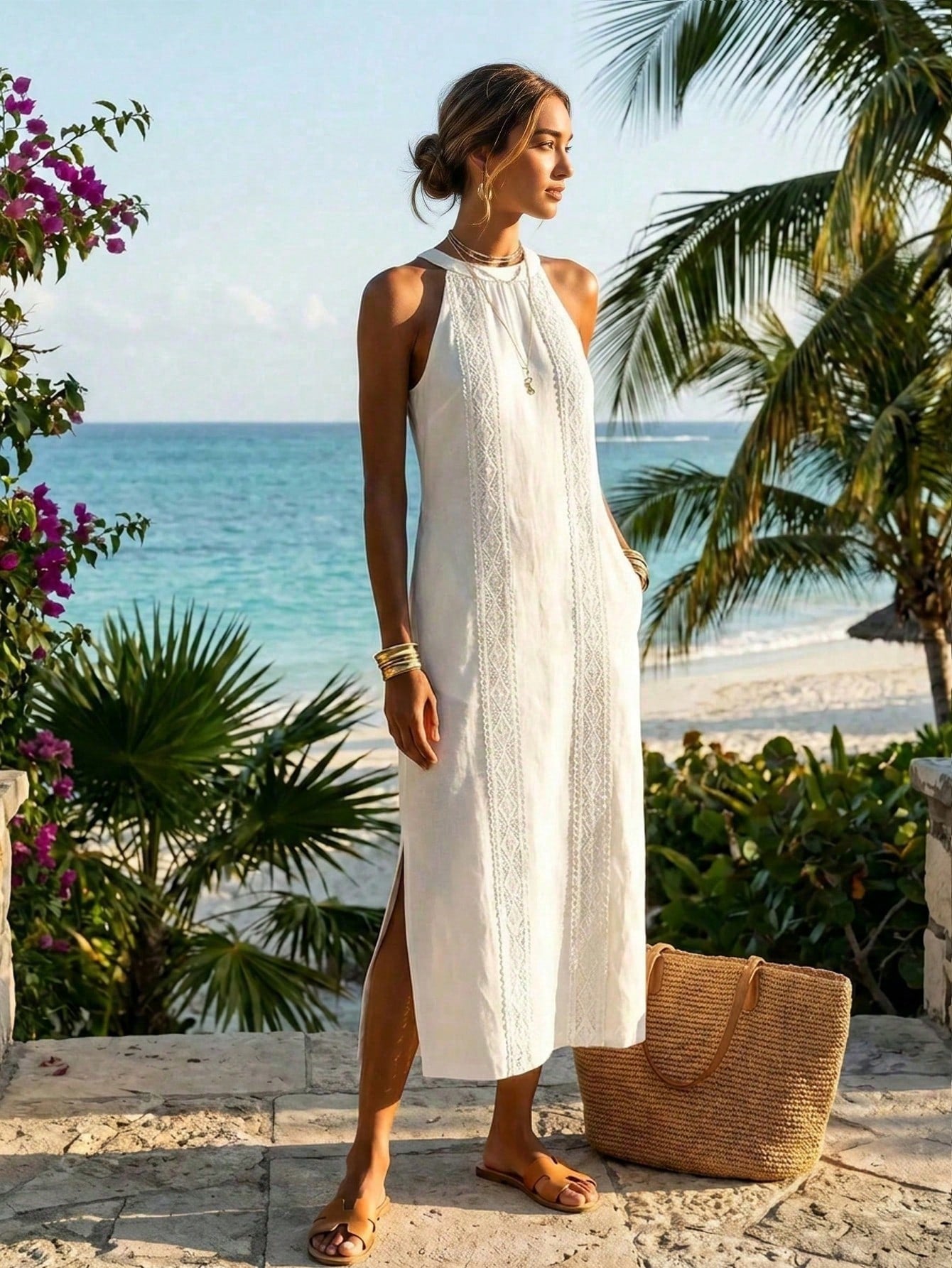 Women's Solid Color Fashion Halter Neck Sleeveless Elegant Casual Dress,White Dress,Casual Dresses For Women,Linen Dress,Summer Dress