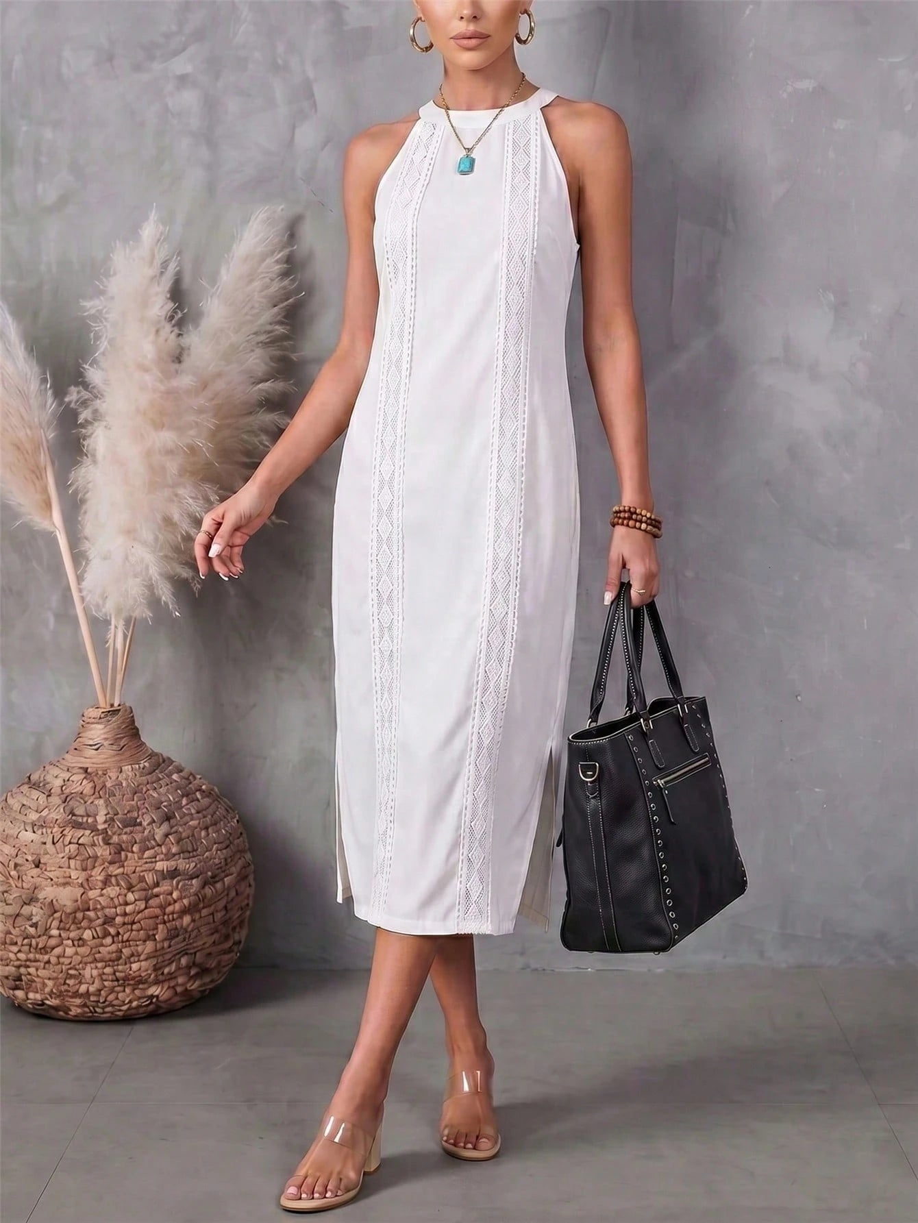 Women's Solid Color Fashion Halter Neck Sleeveless Elegant Casual Dress,White Dress,Casual Dresses For Women,Linen Dress,Summer Dress
