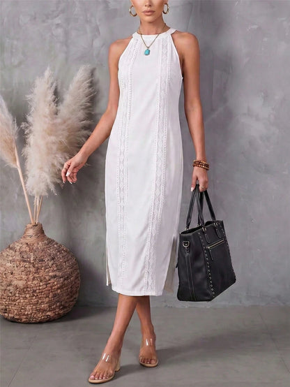 Women's Solid Color Fashion Halter Neck Sleeveless Elegant Casual Dress,White Dress,Casual Dresses For Women,Linen Dress,Summer Dress